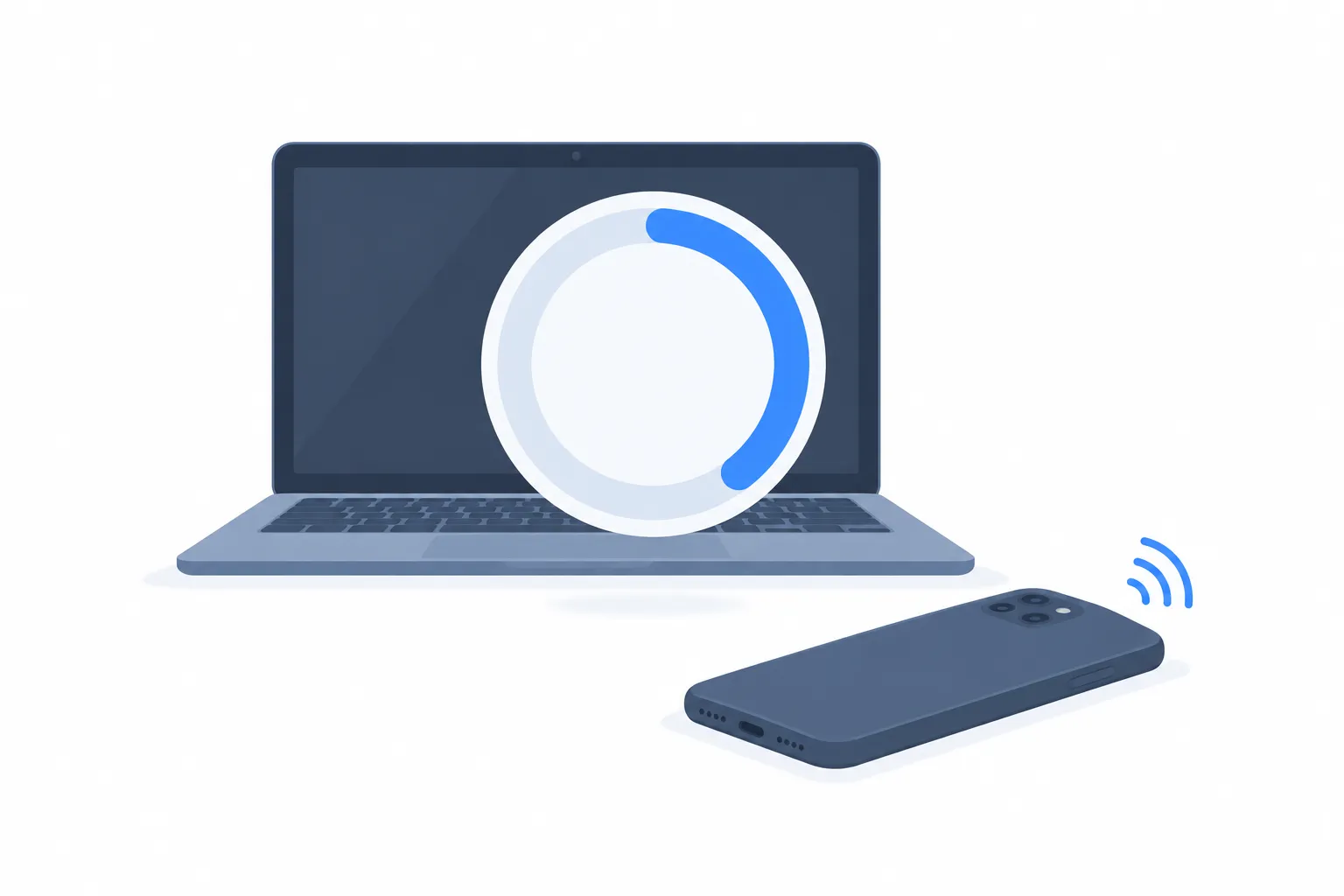 A countdown ring in front of a dimmed laptop and a phone lying face down: the timer keeps running and rings while the devices rest