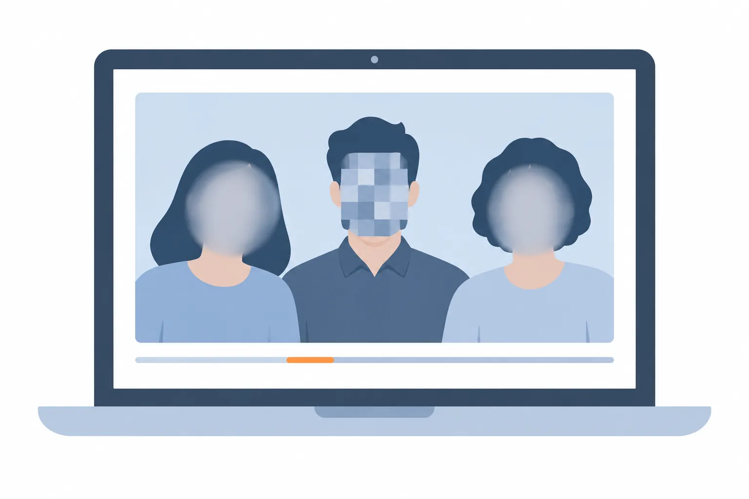 Video frame with two faces softened by blur ovals and one covered by a mosaic square, a timeline with a highlighted review section below